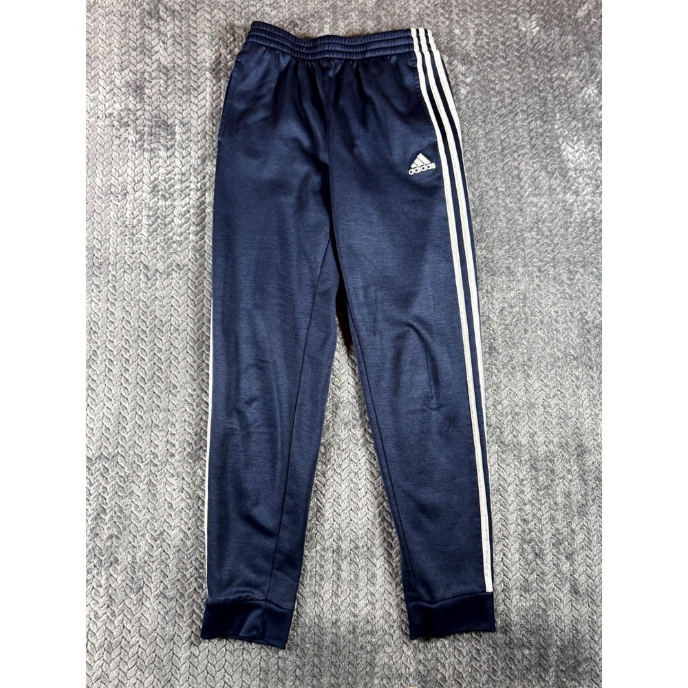 Adidas Jogger Pants Boys 14/16 Navy Blue Fleece Lined 3 Stripes Tapered Leg